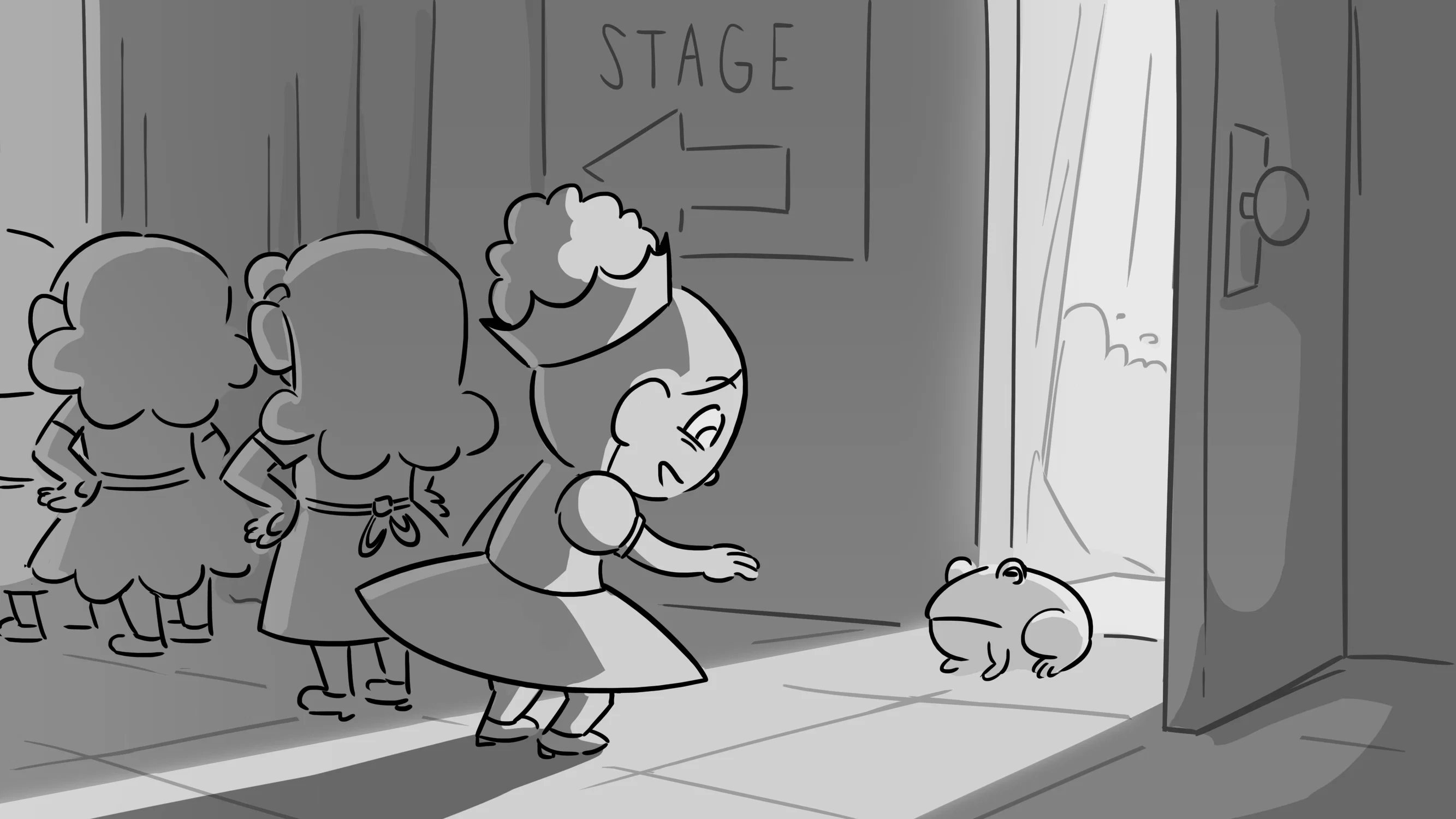 Backstage of a pageant, a little girl greets a frog who has entered through a door that was accidentally left open.