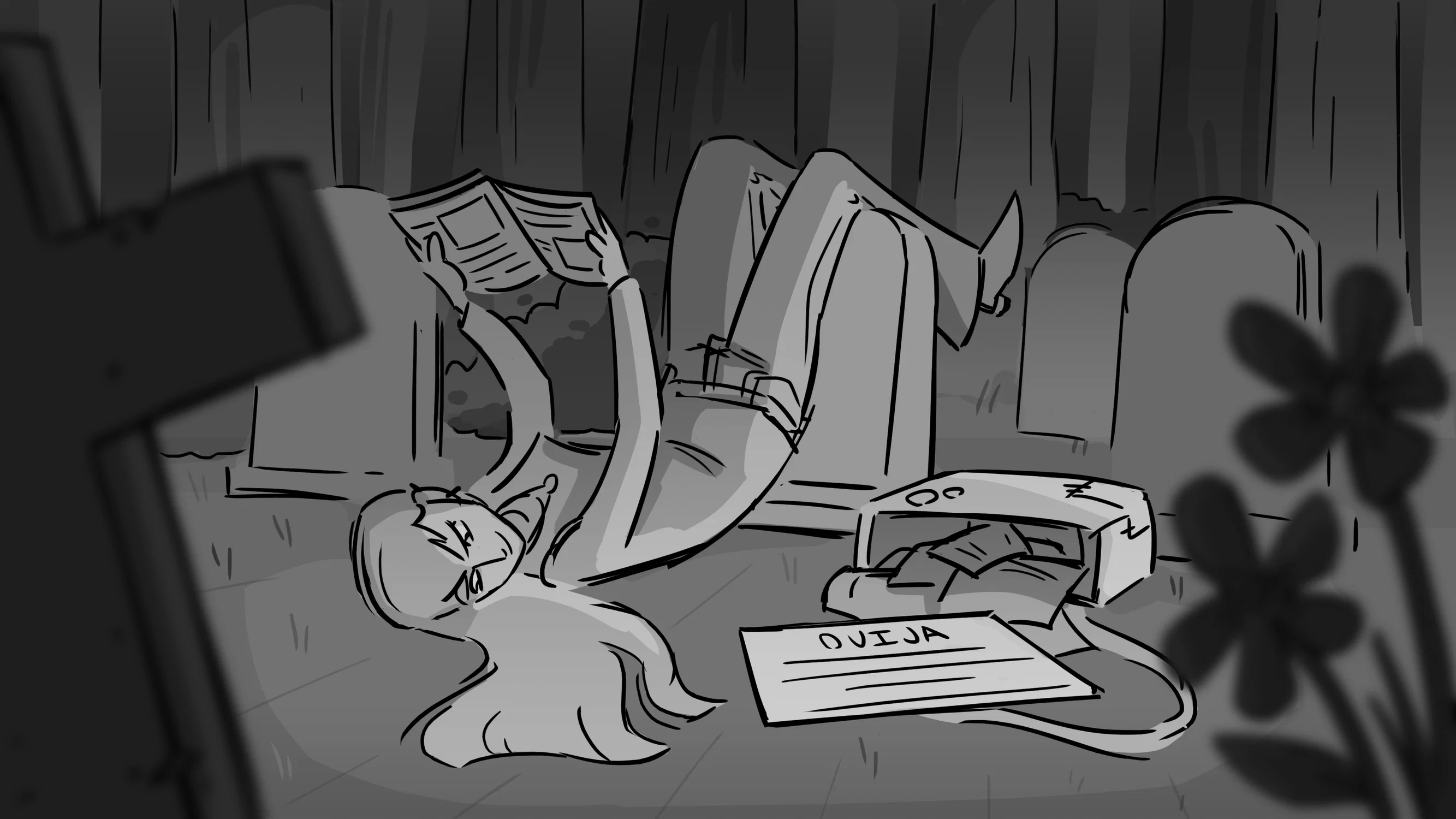 A teenager lounges in a cemetery while looking mischievously at a ouija board.