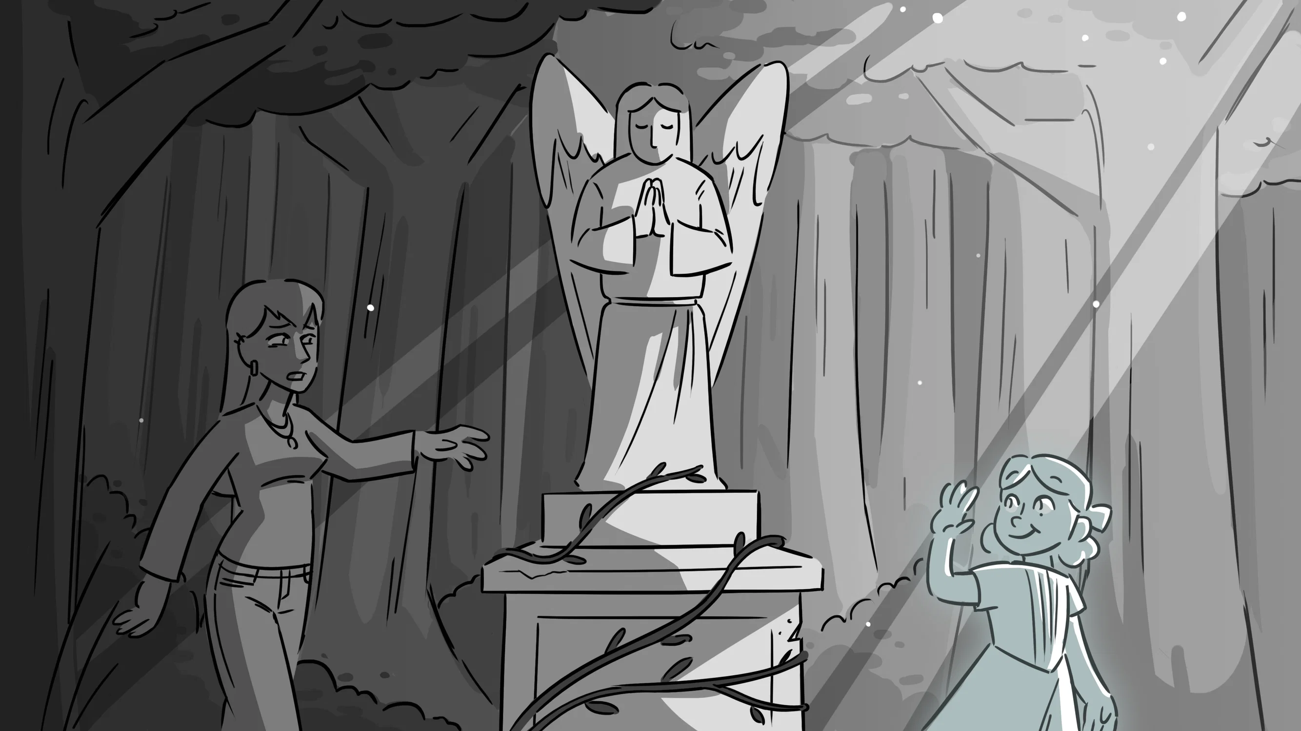 A teenager sadly reaches out to a little ghost, but they are separated by a statue of an angel.