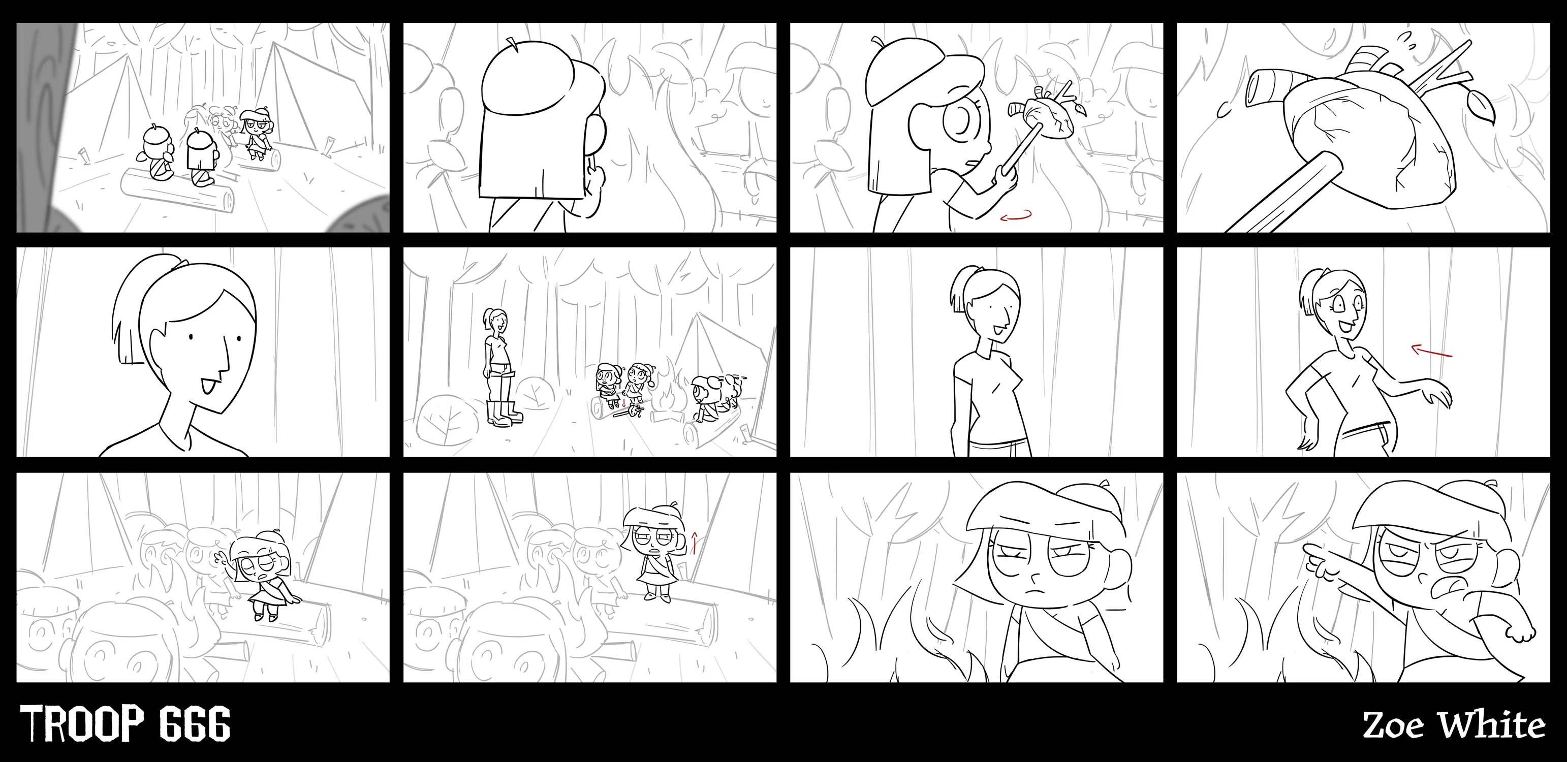 A collection of panels from the storyboard “Troop 666.”