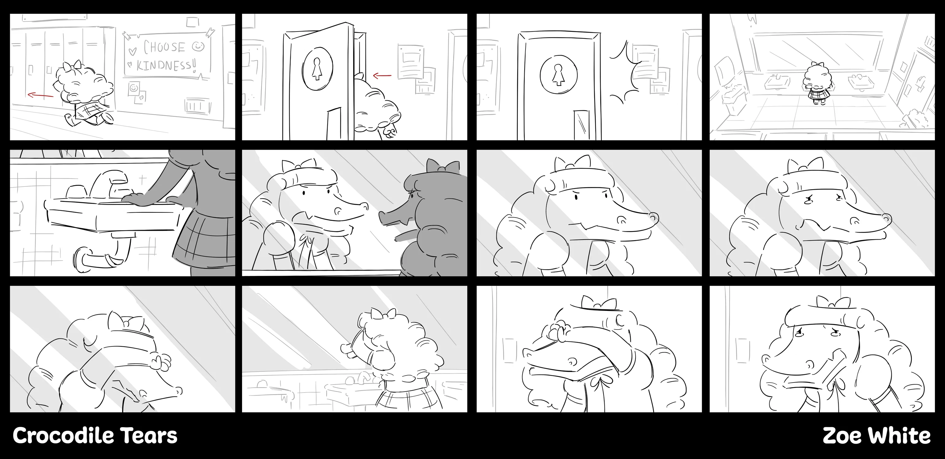 A collection of panels from the storyboard "Crocodile Tears."