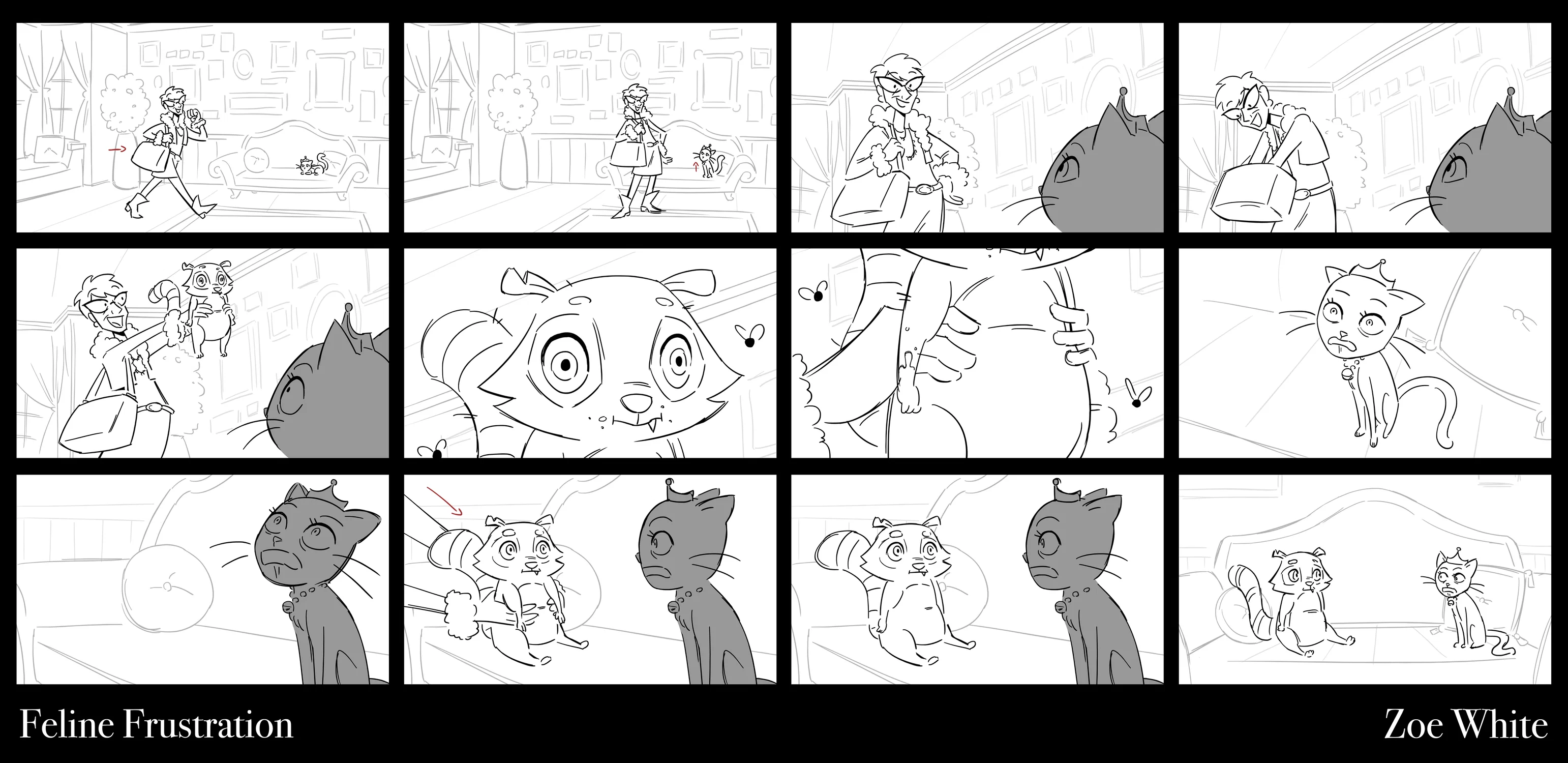 A collection of panels from the storyboard "Feline Frustration."