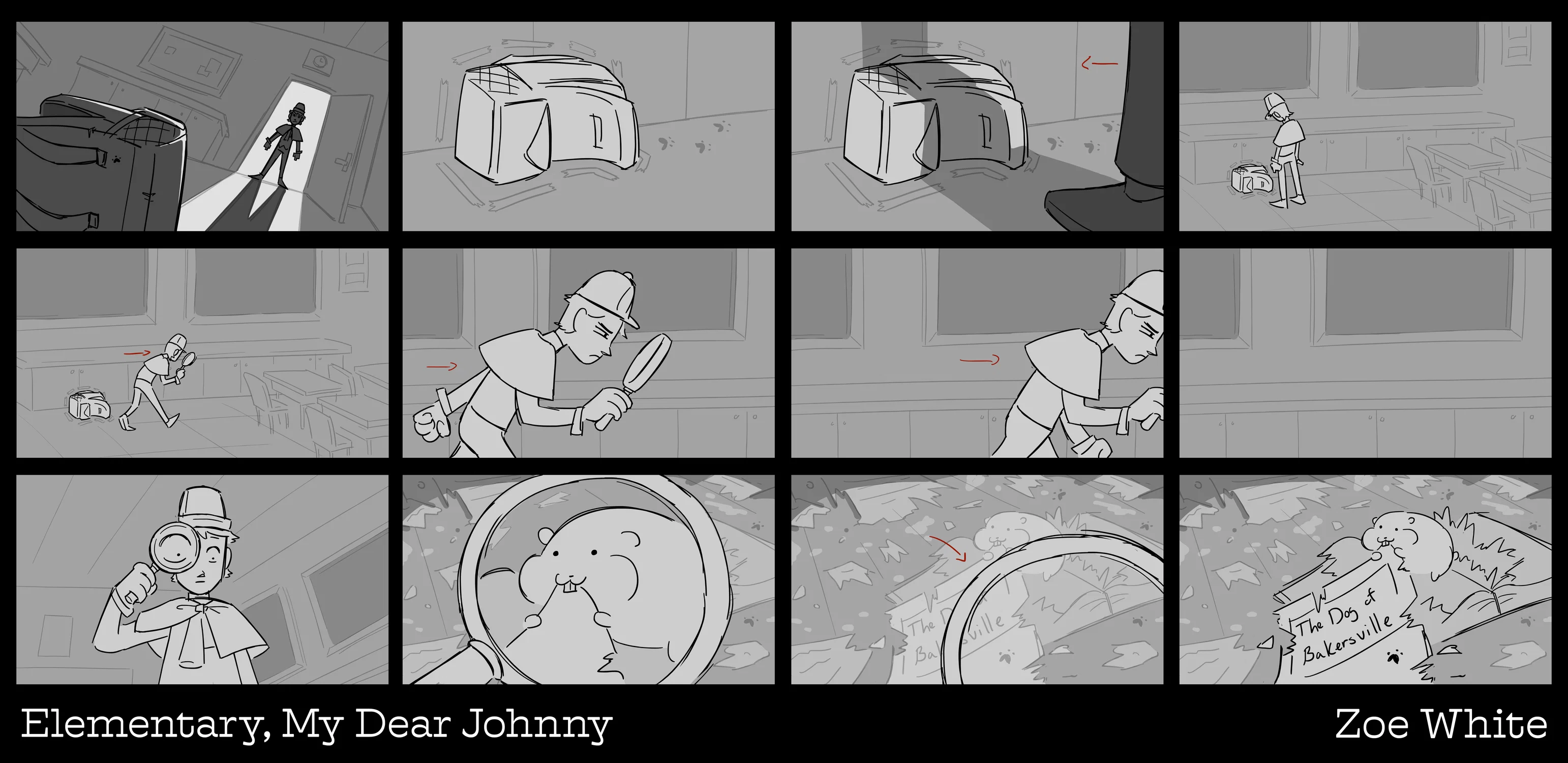 A collection of panels from the storyboard "Elementary, My Dear Johnny."