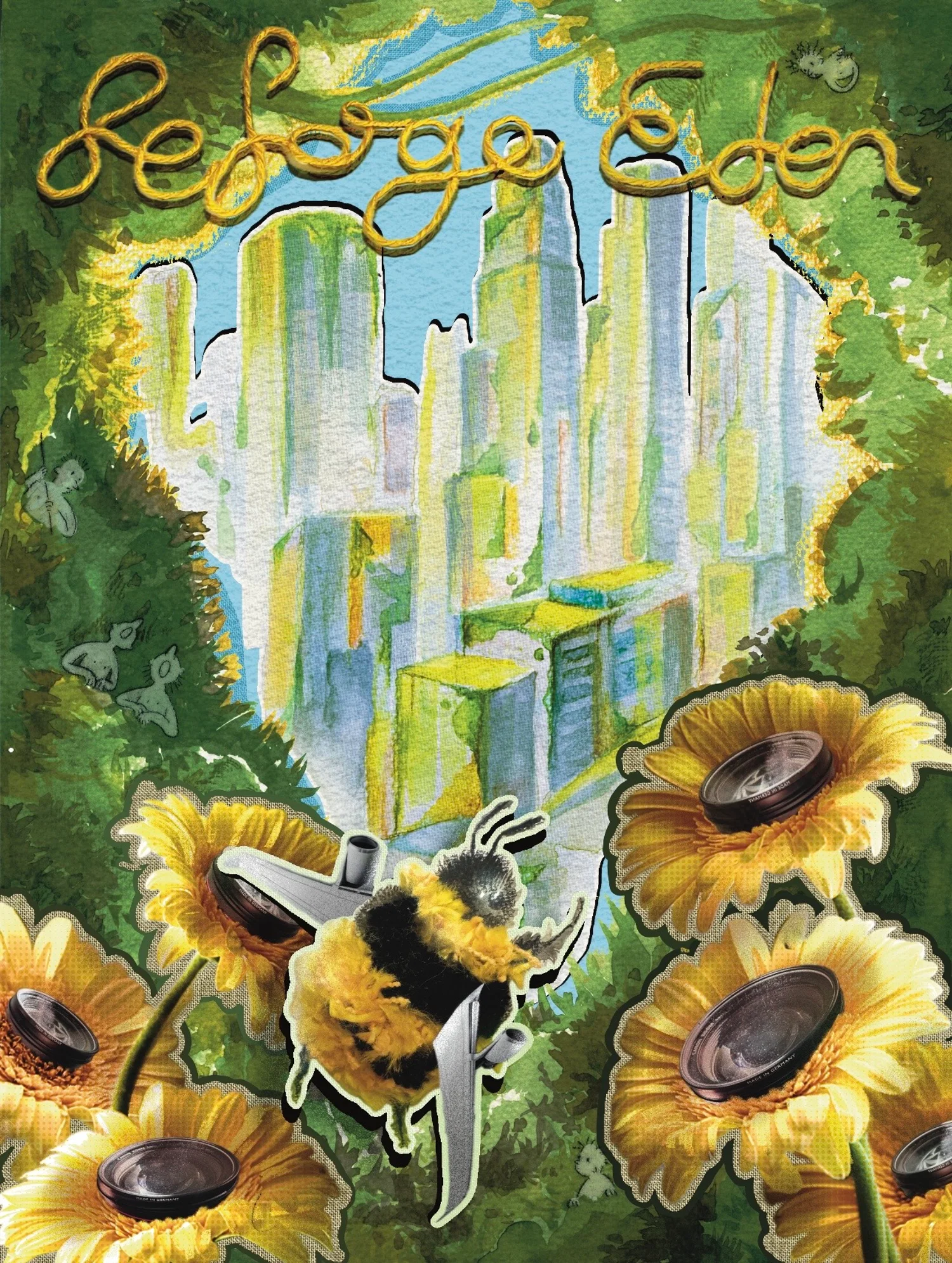 A mixed-media poster showing a surreal, post-human landscape from the Butt People world, where soft yarn textures, watercolor imagery, real flowers, and a camera lens are combined to create a scene that blends natural elements with mechanical objects.