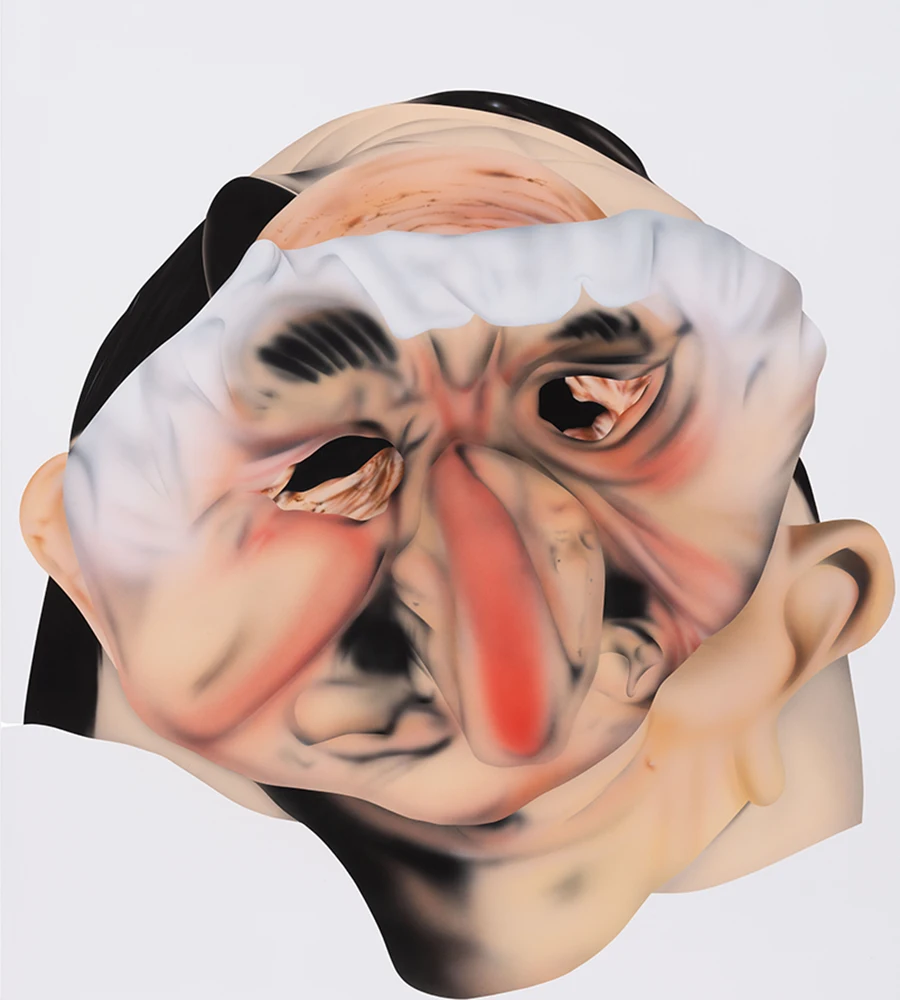 Work by Aaron Jupin: deflated latex mask; painting