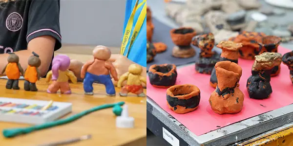 Left: clay characters, Right: painted clay mini pots
