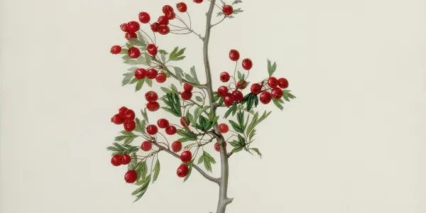 Detail grom an illustration of a hawthorn twig wit green leaves and red berries