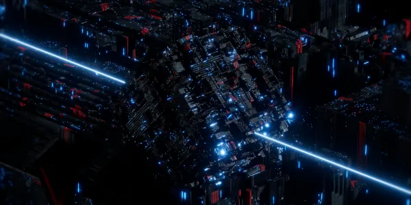 Dark image of cylindrical space object with a strong laser-like light beam running through it 