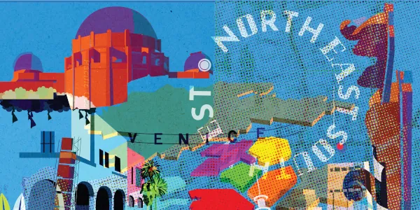 A digital print showing the Griffith Observatory, a building with an arcade in Venice, the words 
