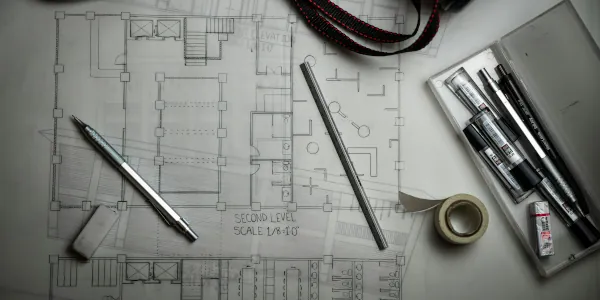 Drafting pencil, eraser, other tools laying on top of a floorplan