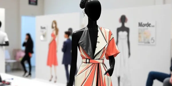 Fashion mannequin wearing a dress in pink and white with black accents.