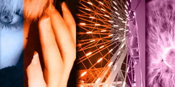 Acollage of digital mdia images: a woman's eye and hand, a mostly oranage series of radiating lines, and a mostly purple indistinct object