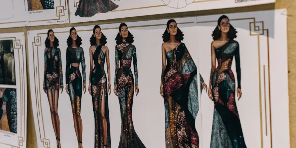 Several design images of a model wearing several variations of the same outfit