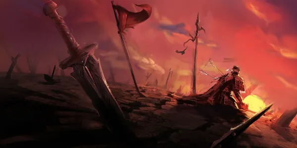 War-torn dystopian landscape from a video game with a sword stuck in ground and a triangular flag