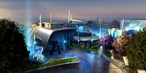 A futuristic game image featuring several buildings and a sign saying "Flip Side"