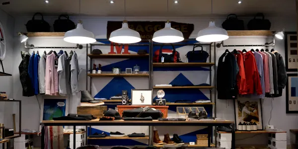 Clothing store interior with shelves, racks, and 4 large hanging lamps
