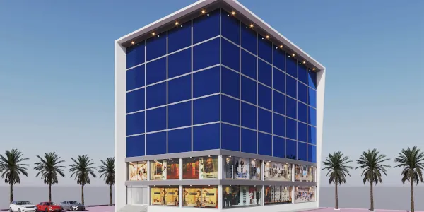 Architechural rendering of an office building on the beach with mostlt blue windows