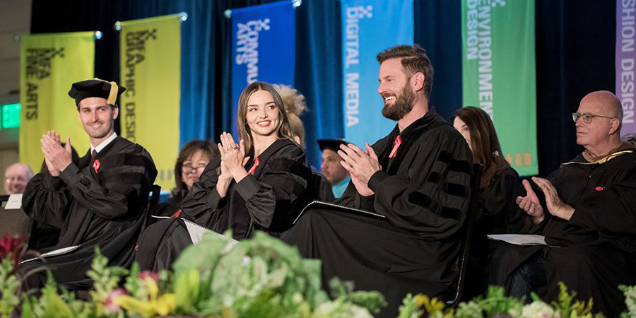 2022 honorary degree recipients Evan Spiegel, Miranda Kerr, and Bobby Berk
