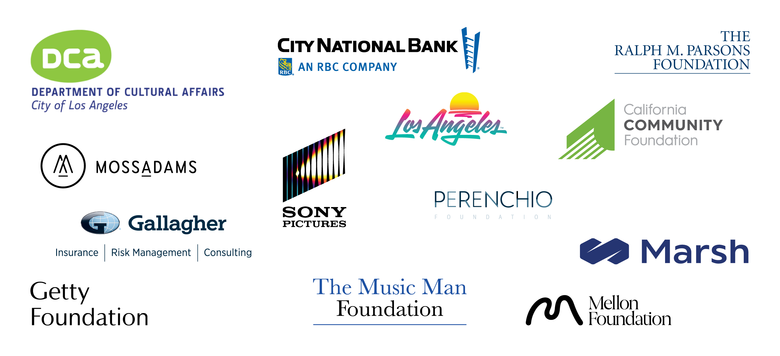 Creative Economy Sponsors: Department of Cultural Affairs: City of Los Angeles, City National Bank: An RBC Company, The Ralph M. Parsons Foundation, MossAdams, Sony Pictures Entertainment, Los Angeles, California Community Foundation, Gallagher, Perenchio, Marsh, Getty Foundation, The Music Man Foundation, Mellon Foundation