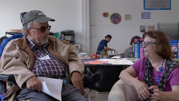 Video still of Creativity Limited - Chris Brown and Marilyn Schmidt talking at ECF Westside Art Center.