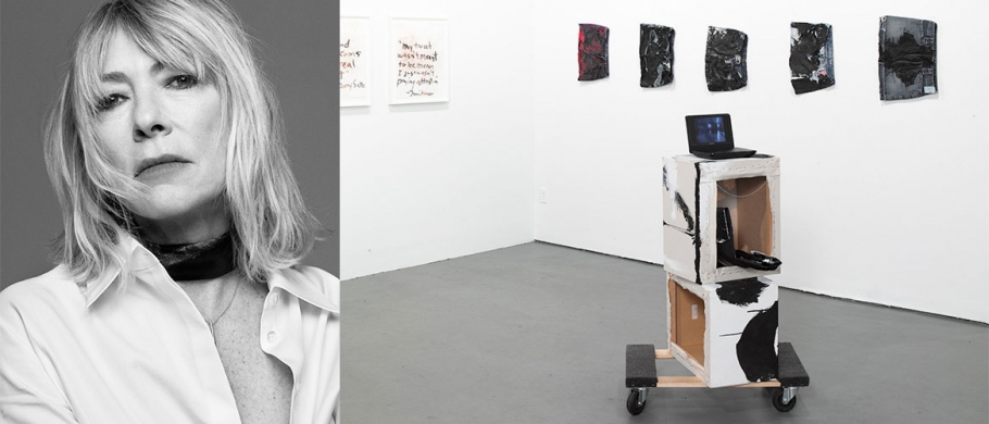 Portrait of Kim Gordon with an installation view of her work. 