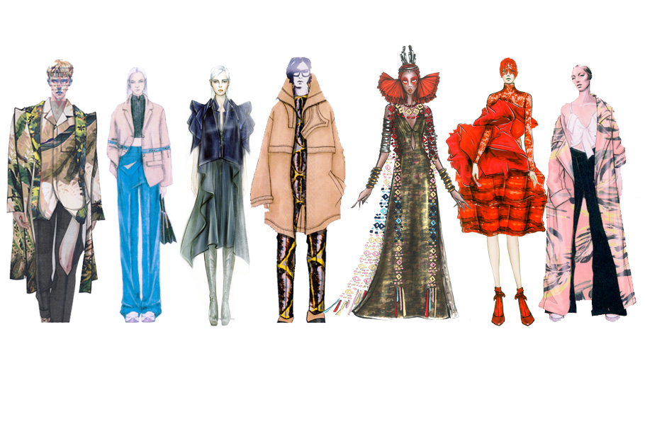 Sketch and illustration of models with fashion designs