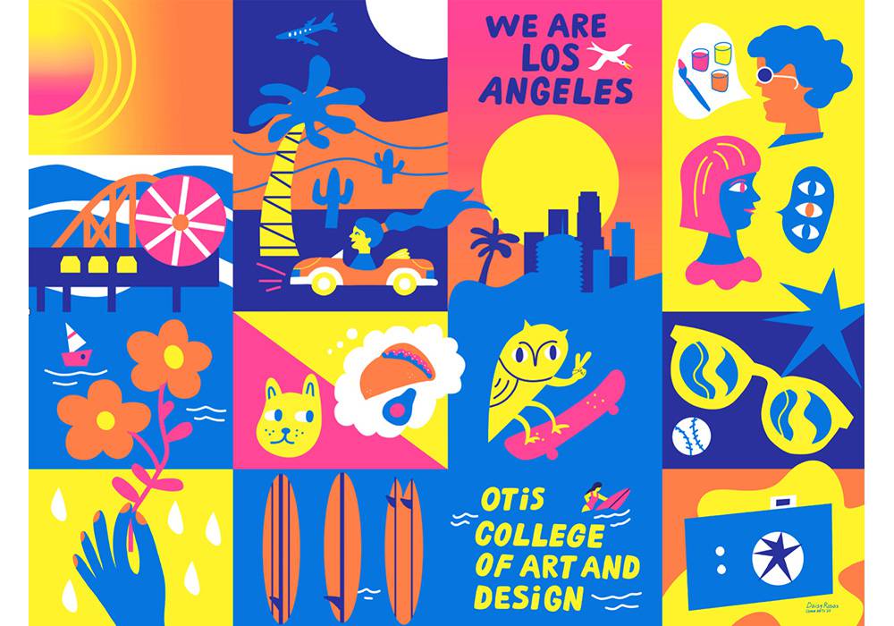 This is a viewbook cover illustration for Otis College of Art and Design. The viewbook cover folds out to a colorful poster depicting scenes of Los Angeles and art school life. 
