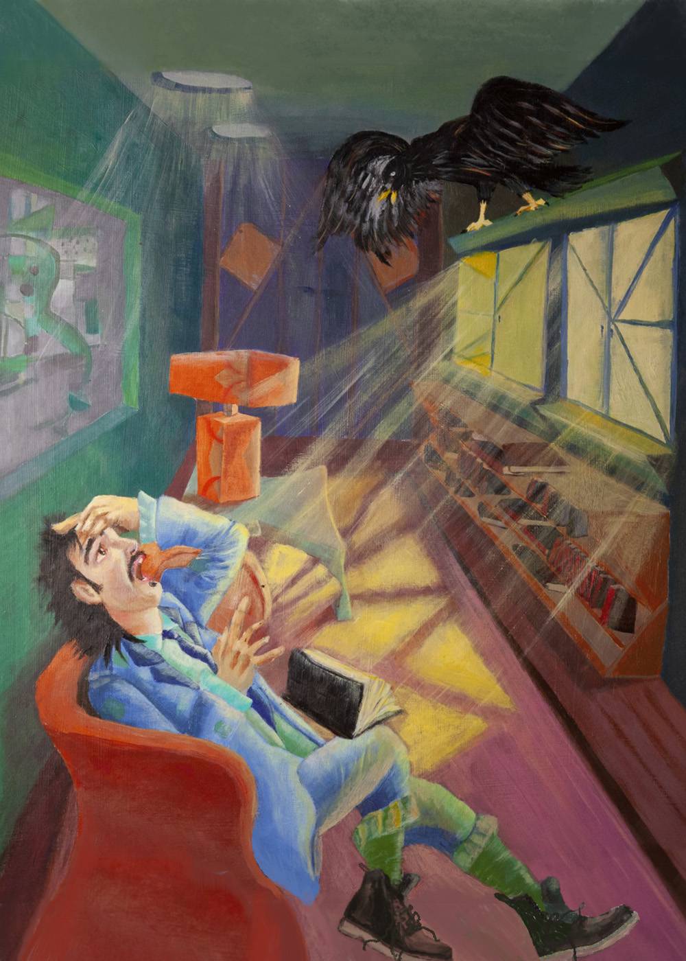 Size 18 x 15.5 in (45.5 x 38 cm)Medium: Acrylic on Canvas board. This image is the scene where the Raven goes inside the character's room to tell him revealing news. At the same time, the light of the sun reflects with strength into the room as is if it was emulating the intensity of the news.  I wanted to create a scene that would hint movement, flow, and the illusion of depth to live him in an exposed and fragile environment. 