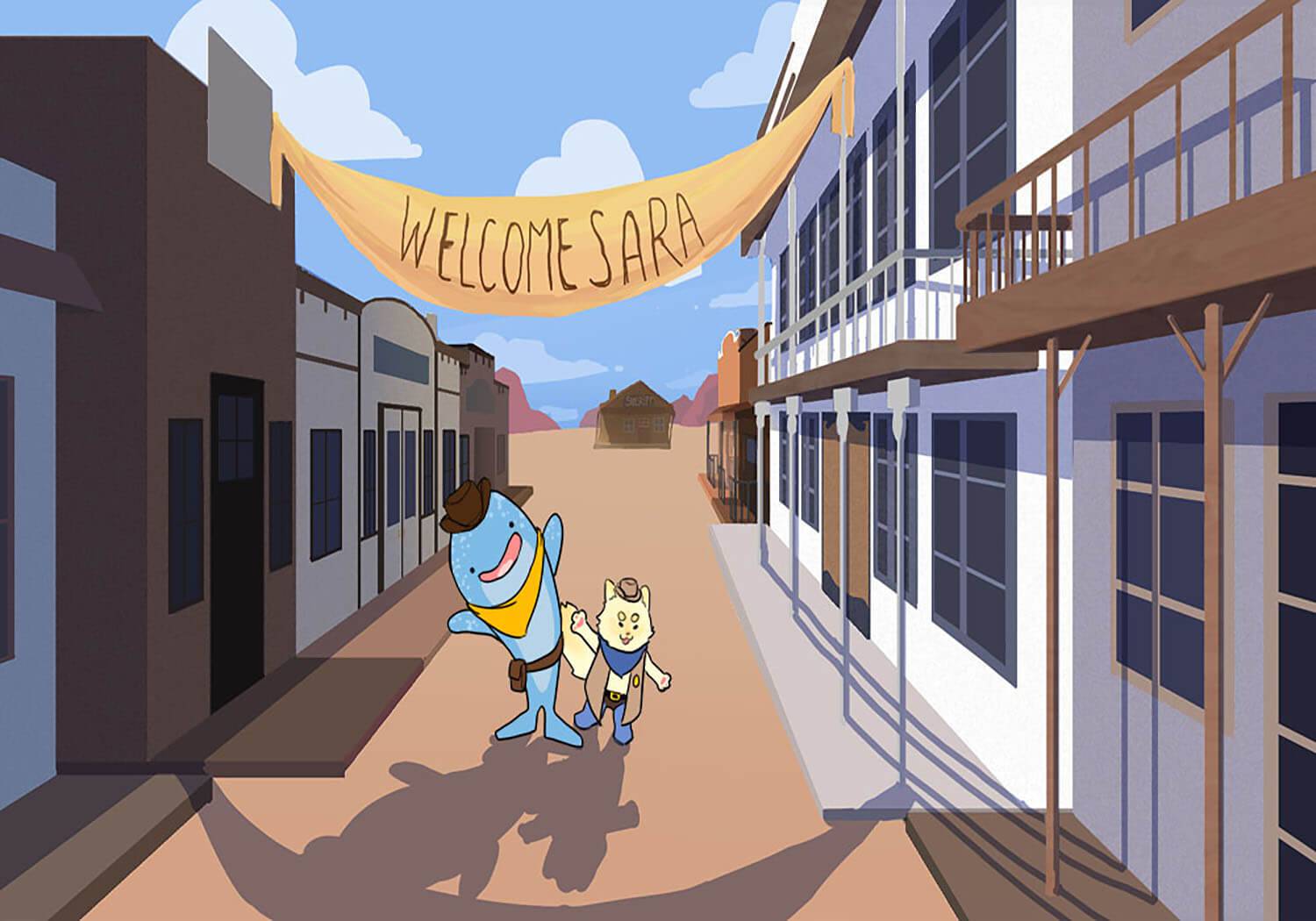 A cat and Shark stand in a western town as they welcome the viewer.