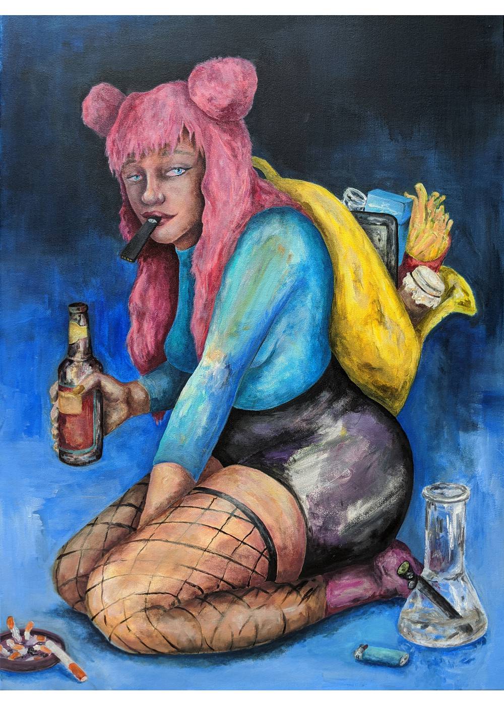 This painting was done as a response to how many young people today use various vices to cope with the stressors of life. Drugs, Cigarettes, Beer, Cannabis, Weed, Food.