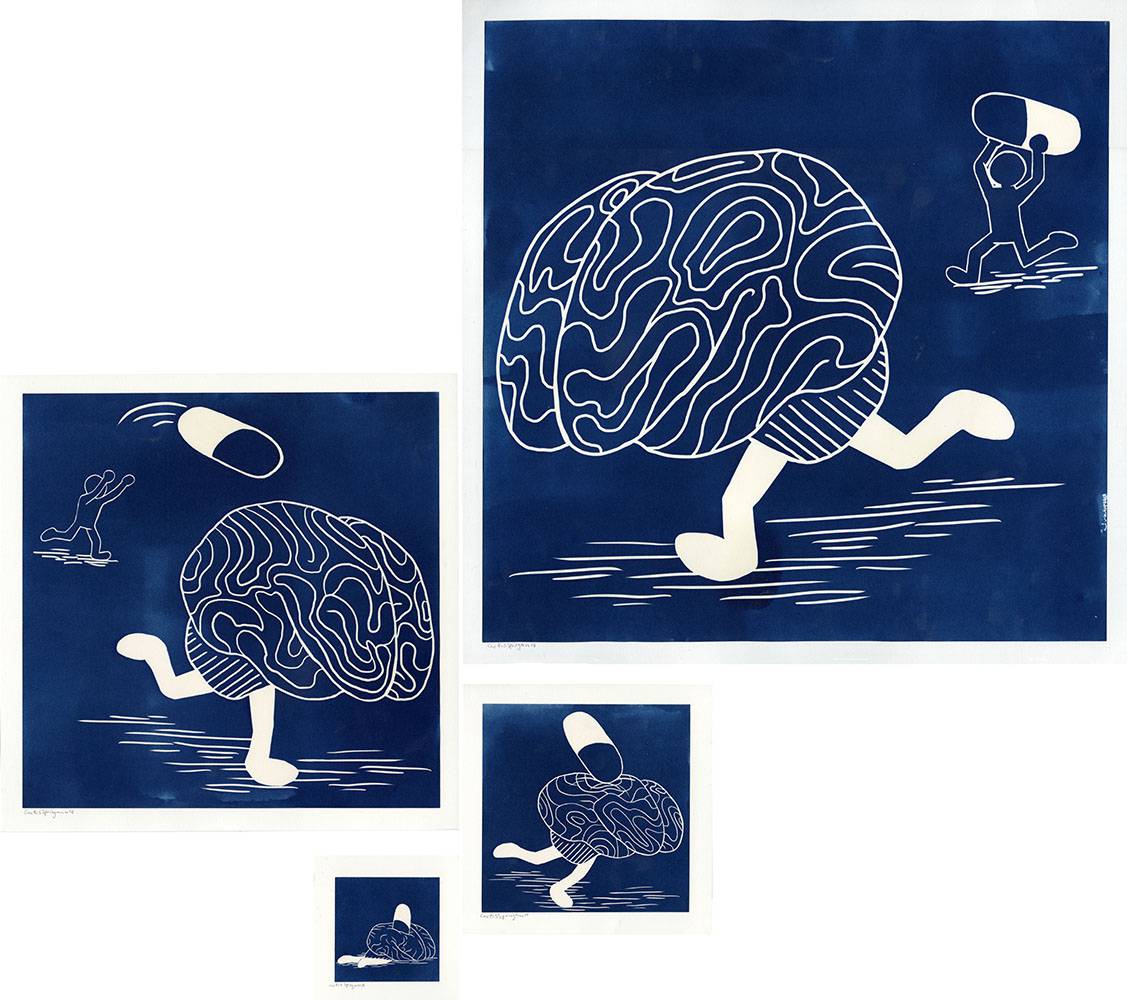 Runaway Brain, by Cactus Springman. A photo montage of four cyanotype prints, each depicting a human brain with legs. The brain is running away from a person in the background, who is holding, then throwing, a large pill. When the pill hits the brain, it falls down and lays motionless, finally calm. The prints are of various sizes, all navy blue and white.