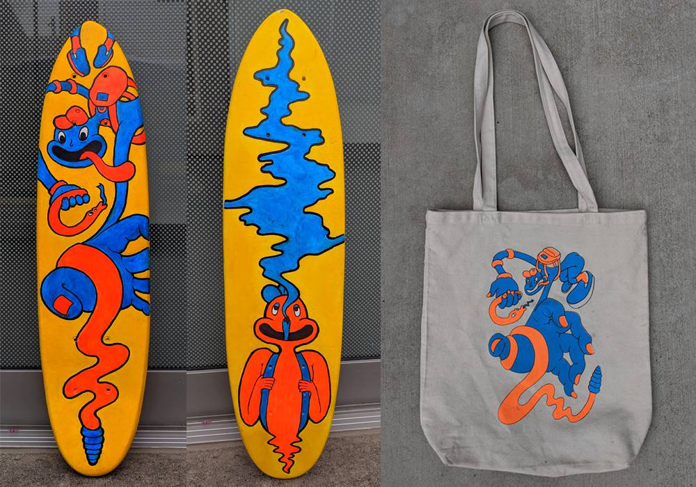 I created a character last year named Blob Dude, and he occasionally goes on wacky adventures with his pet snake. In this series, I painted a skate deck, as well as created merchandise such as tote bags, prints, and t-shirts. Funky, Surreal, Fun, Bright, Skateboard, Skate, Deck.