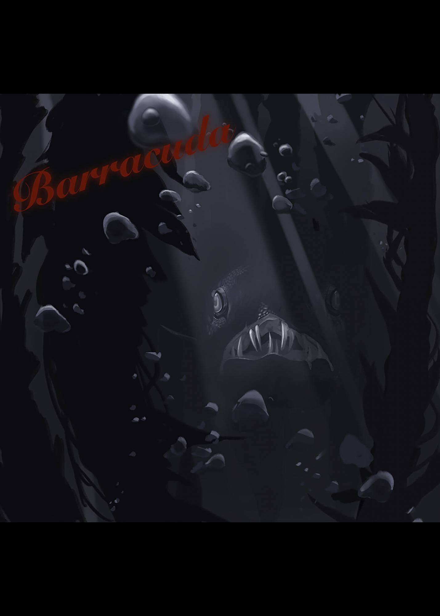 Partially hidden barracuda with sharp teeth looking through kelp.