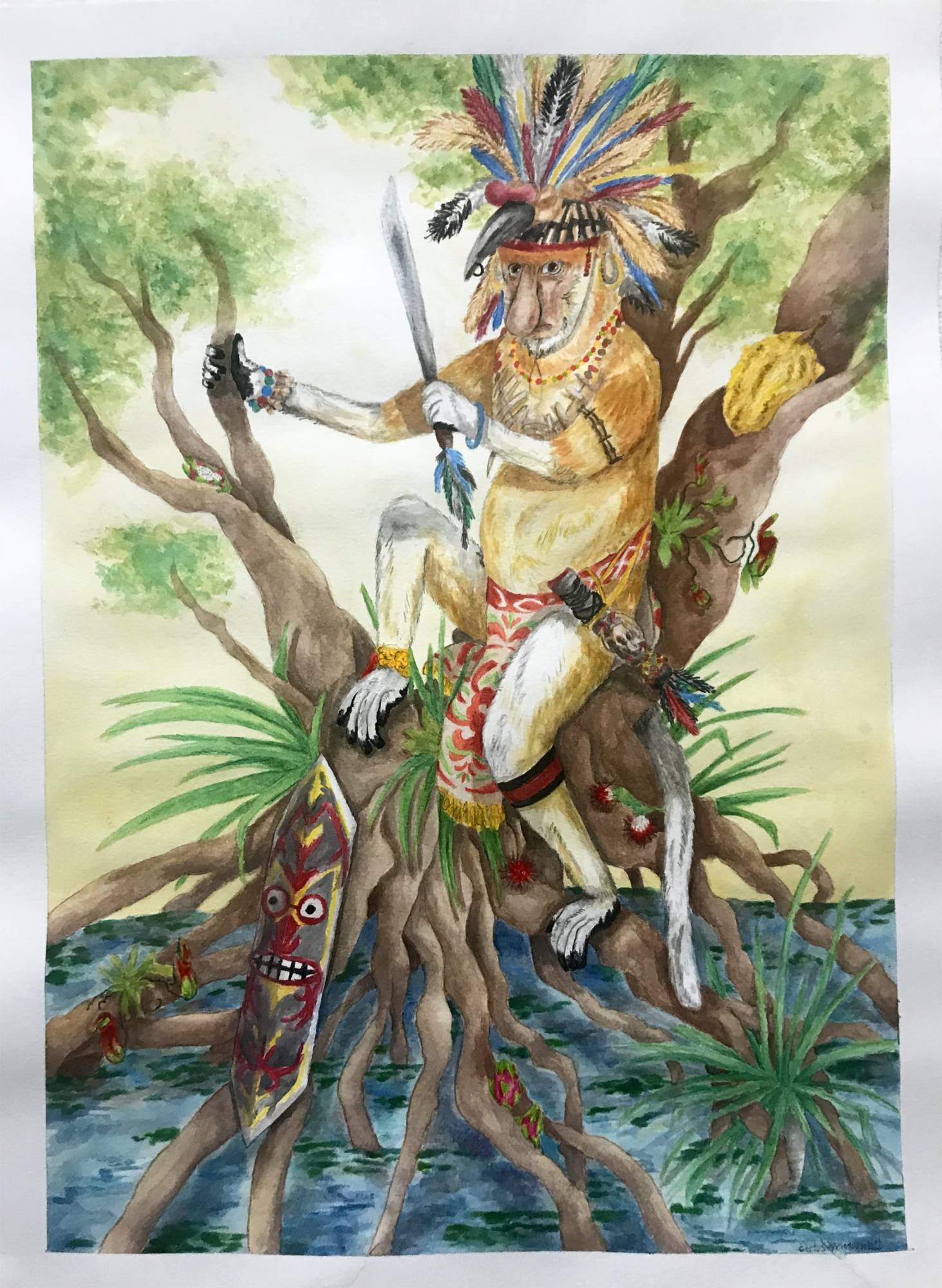 Proboscis Monkey Battle Primates, by Cactus Springman. A large watercolor painting of a proboscis monkey sitting on a mangrove tree. He is dressed like a Dayak warrior, one of the native peoples in Borneo. He is surrounded by water, plants, fruits, and other vegetation. The monkey is holding a machete, and a long, painted shield rests near him.