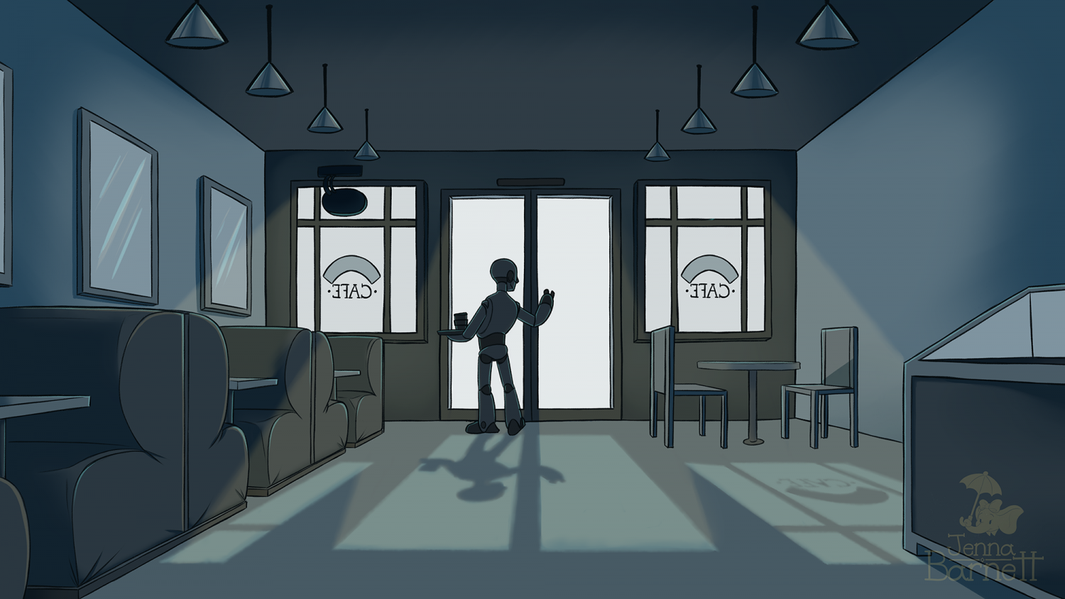 A key frame board of a diner colored with cool blues and grays. Toward the center, an android is framed by the light of a clear doorway, looking outside.