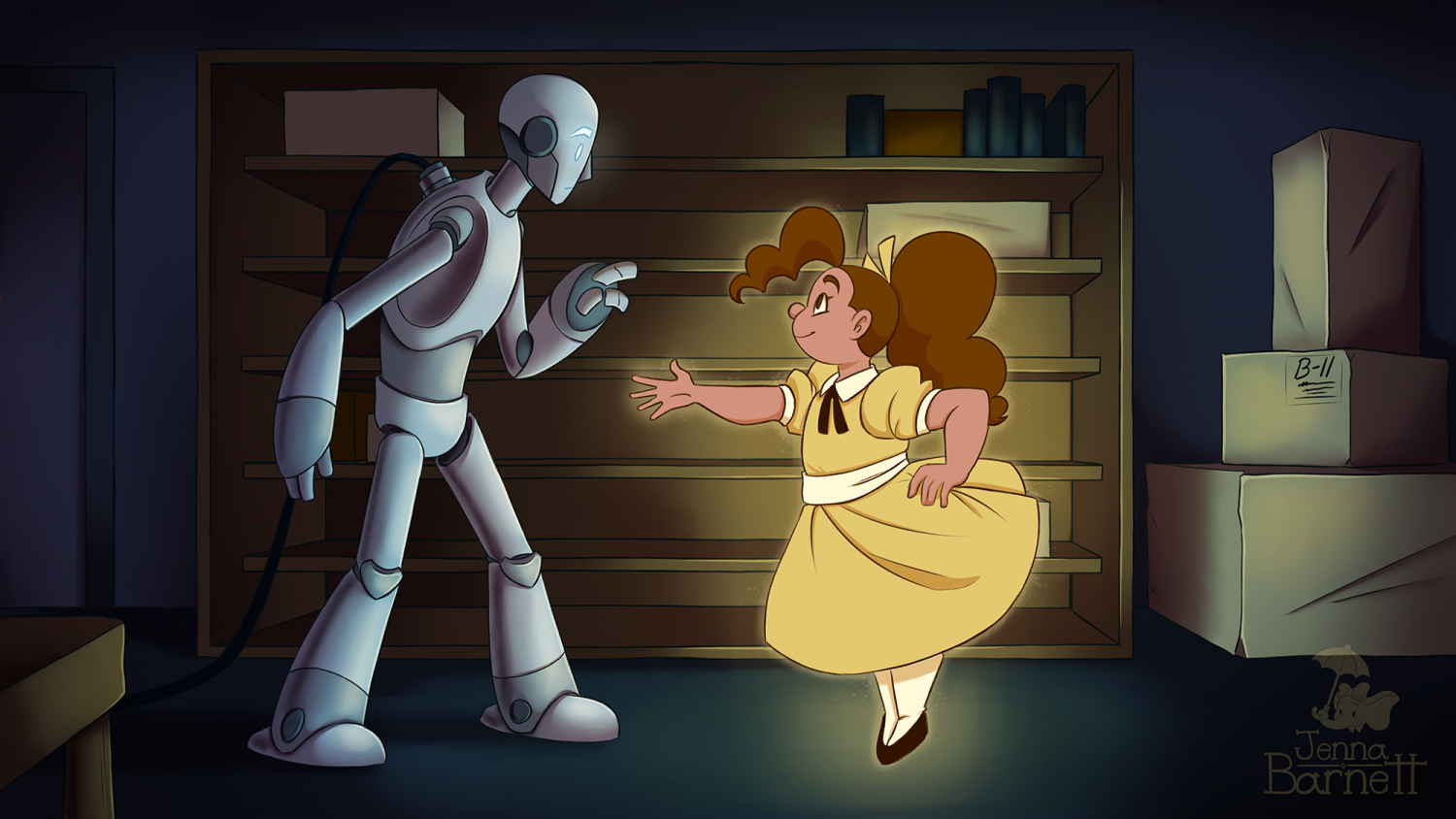 A key frame board of the android with a ghostly figure. Alma, the ghost, has her hand excitedly extended toward Logan as if to shake his hand, but Logan appears to be hesitant.