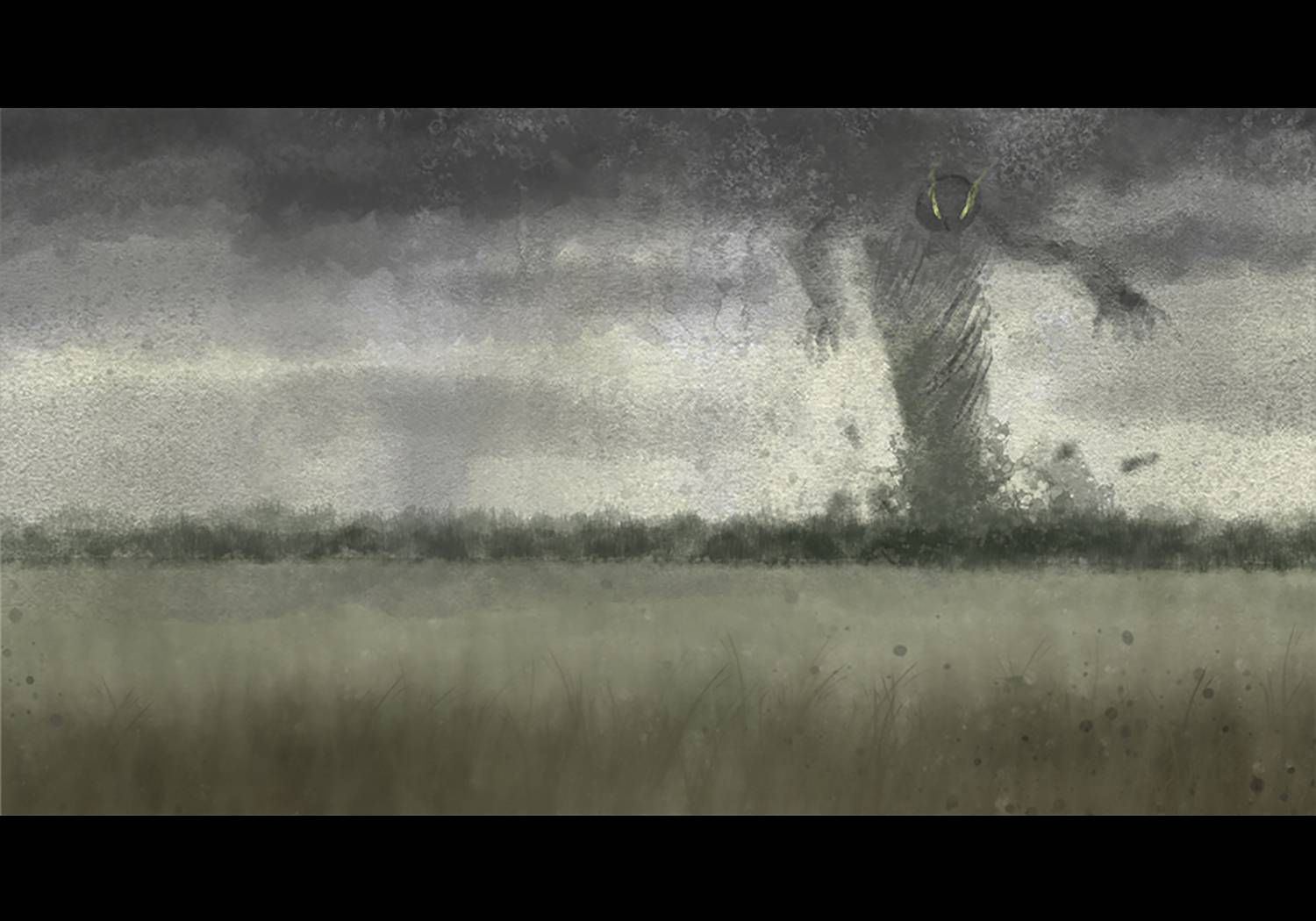A tornado with eyes and arms approaches on a forested horizon.