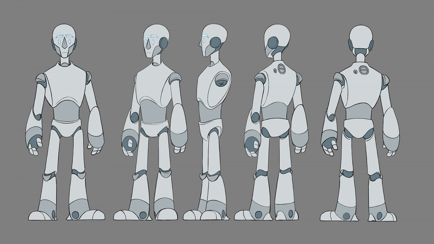 A set of turnaround drawings for the character Logan, showing him from the front, three-quarter, side, three-quarter back, and back views.