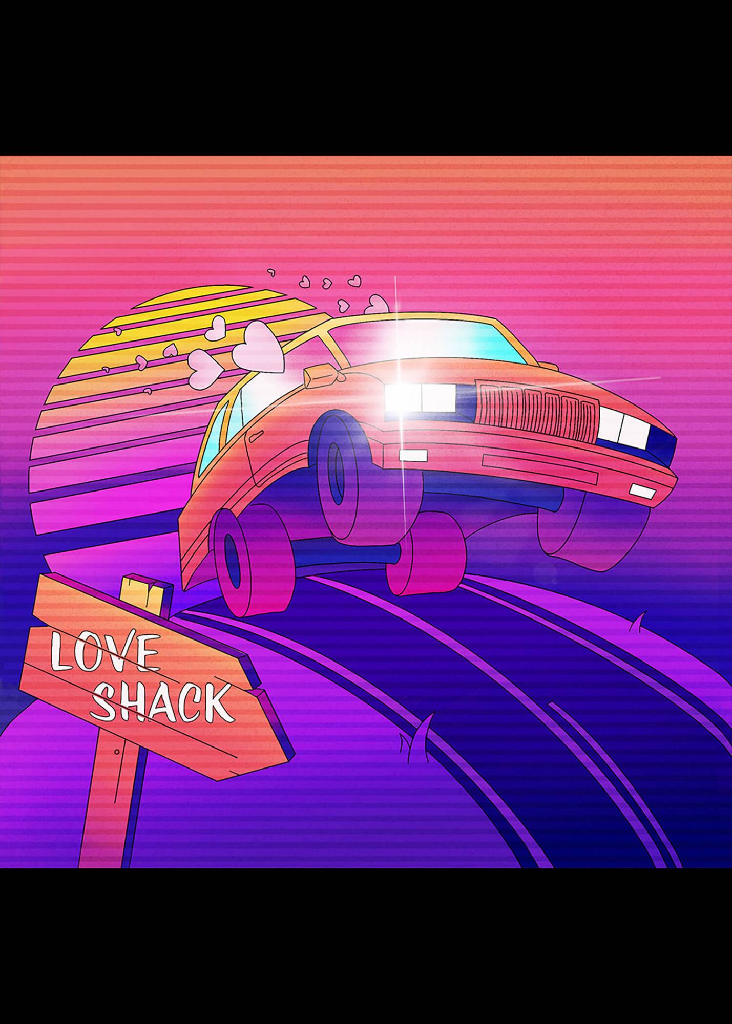 Car coming over a hill in vaporware aesthetic with gradient of purple, pink and orange.