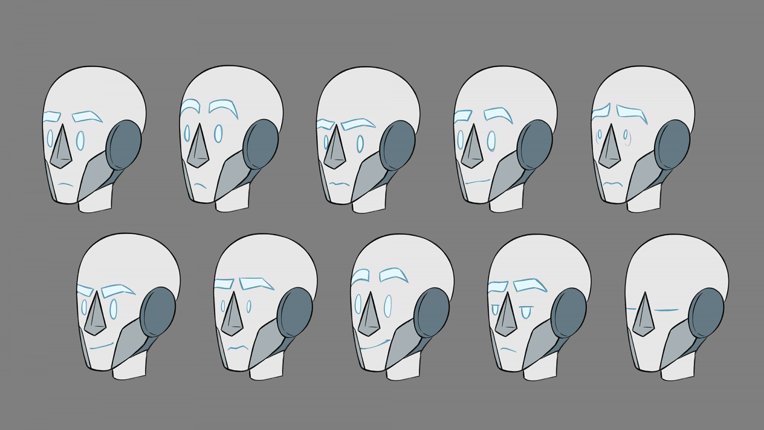 A set of ten facial expressions for the character Logan, showing a range of emotions like joy, anger, sadness, shock, and contentment.