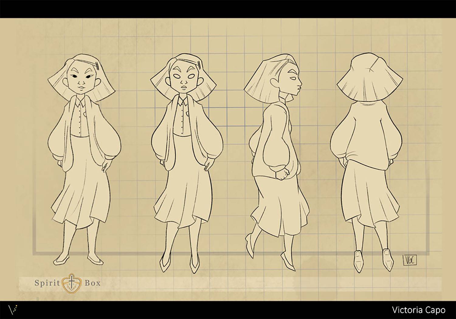 Character turn-around for Grace, a ghost character from my thesis project "Spirit Box".