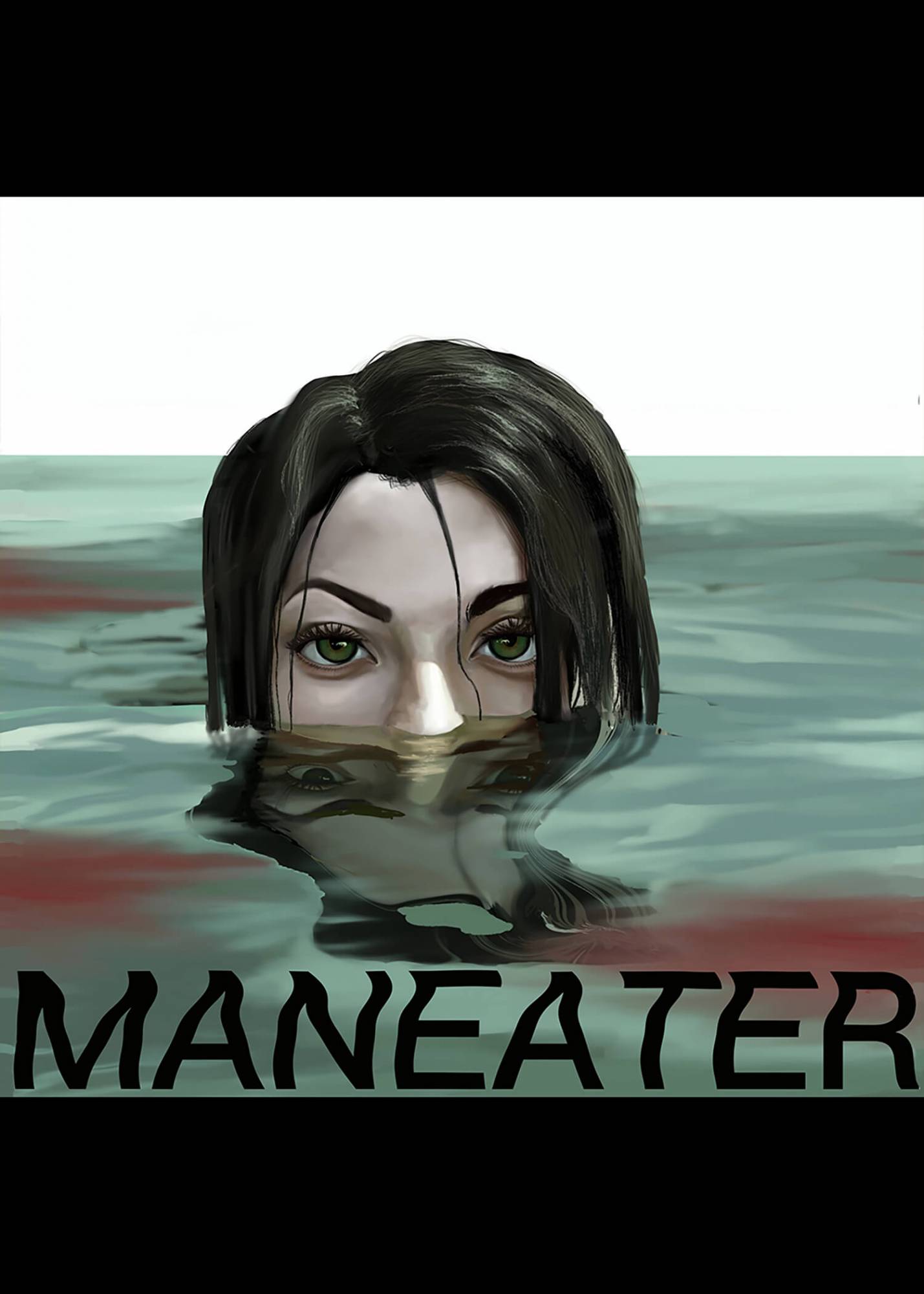Siren looking over surface of water surrounded in blood.