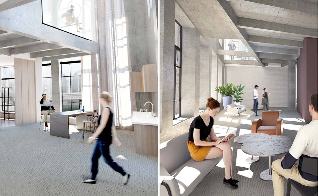 Interior renderings of the common spaces in the CO-LIFE apartment building