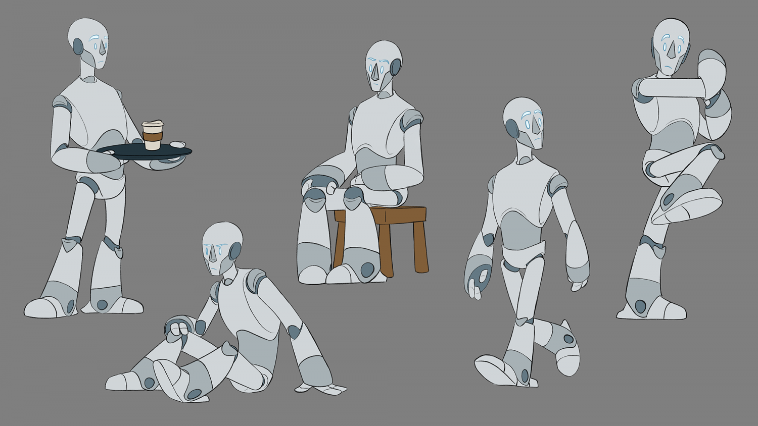 A set of poses displaying the character Logan in everyday activities, including carrying a tray with coffee cups, sitting both on the ground and on a chair, reacting to something surprising, and admiring the view as he walks.