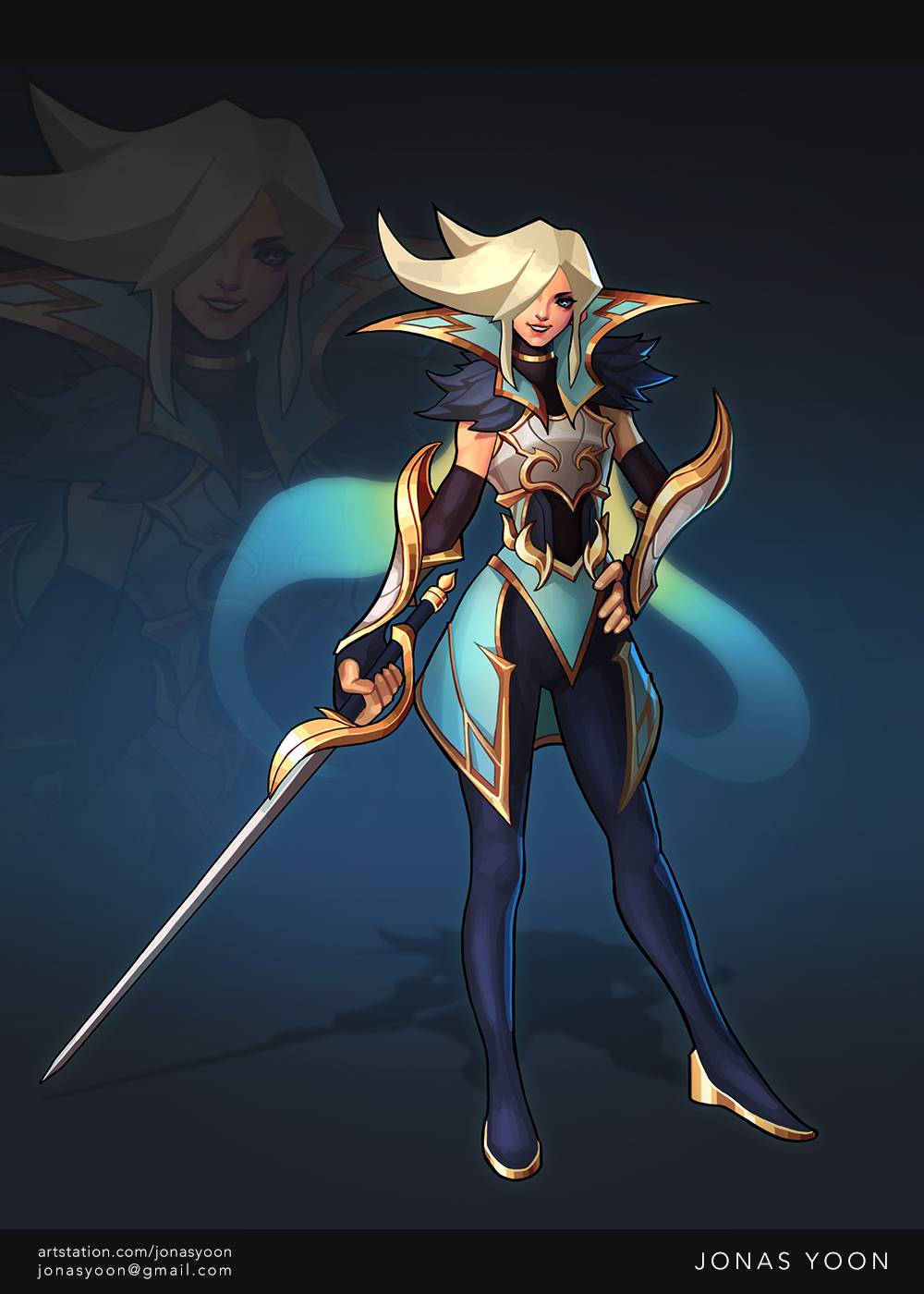 "Angelic looking woman with sweeping blonde hair.  Has glowing blue ""wings"" and holding a sword."