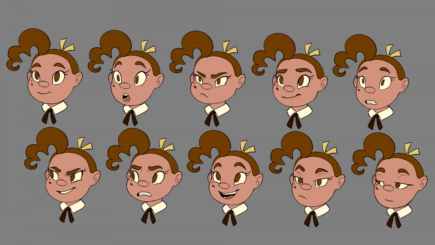 A set of ten facial expressions for the character Alma, showing a range of emotions like joy, anger, sadness, shock, and contentment.
