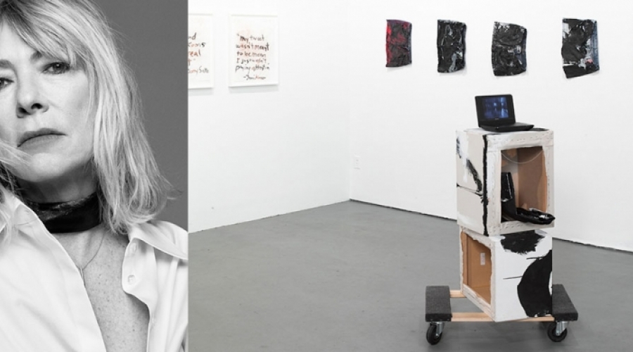 Portrait of Kim Gordon with an installation view of her work. 
