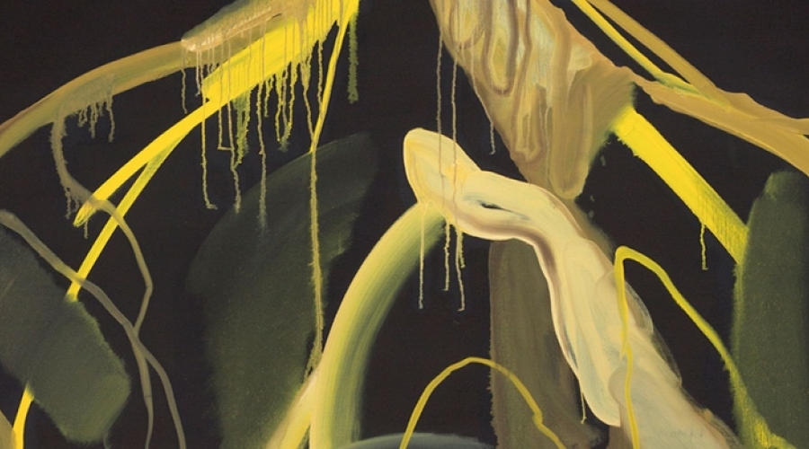 work by artist Andy Woll featuring fluid yellow marks against a dark background