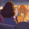 A red Headed woman and Blonde male looking lovingly at the passenger. The sun is setting.