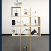 Mixed media sculpture resembling shelving unit and various objects displayed atop.